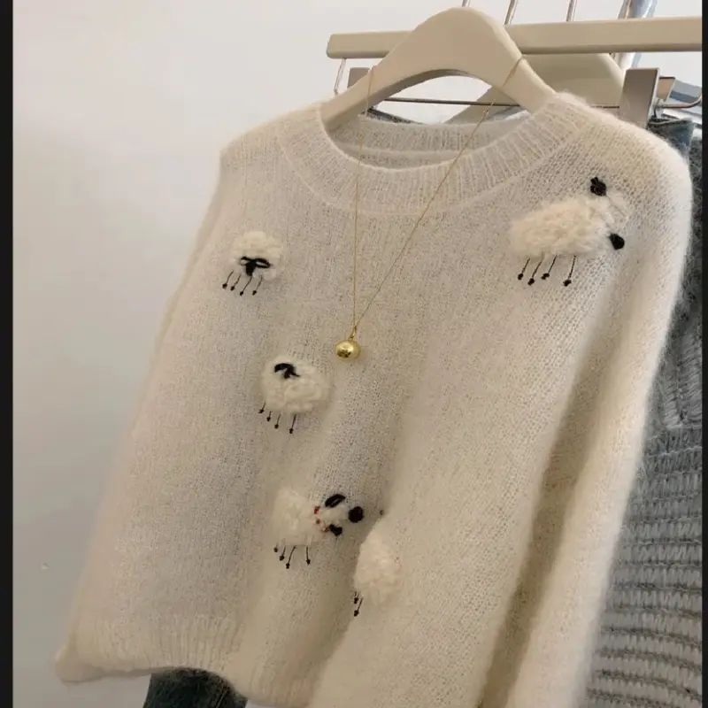 White Casual Sweater For Women 2025 New Long Sleeved O-Neck Warm Knit Pullovers Autumn Winter Korean Cute Animals Woolen Tops |
